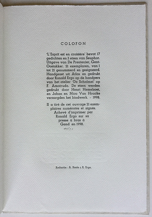 Colofon van Michel Seuphor, L'esprit est en croisière, De Prentenier, 1999

