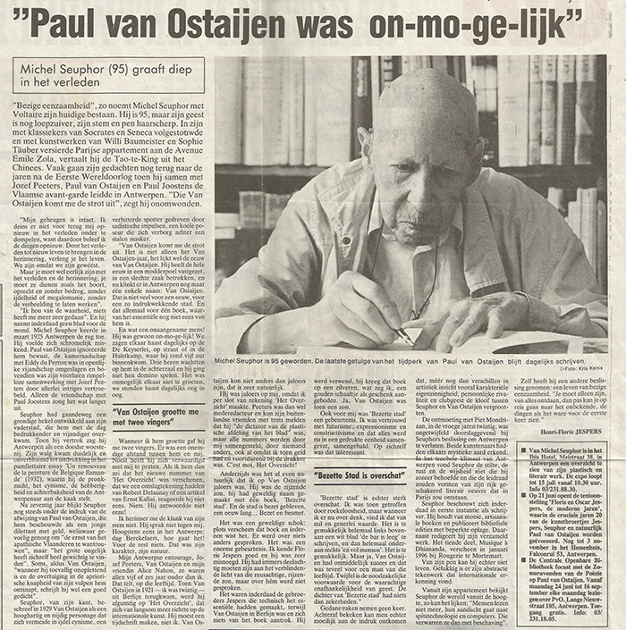 Henri-Floris Jespers, Michel Seuphor (95) graaft diep in het verleden | Paul van Ostaijen was on-mo-ge-lijk, verschenen in Gazet Van Antwerpen, 19 juni 1996