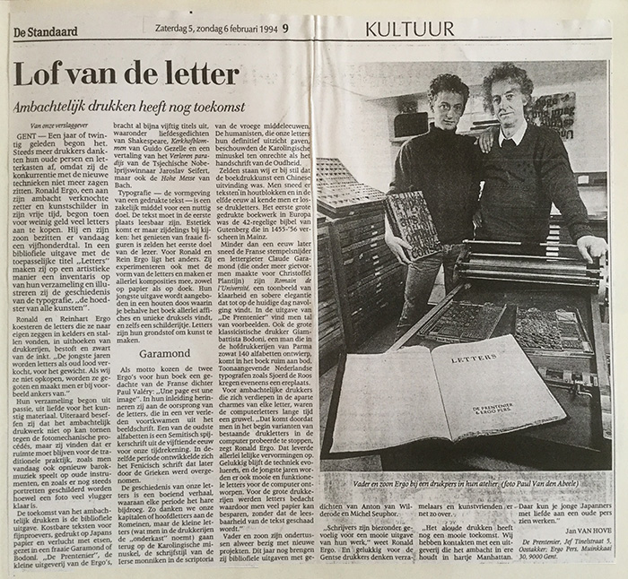 Jan Van Hove, Lof van de letter. Ambachtelijk drukken heeft nog toekomst, De Standaard, 5-6 februari, 1994